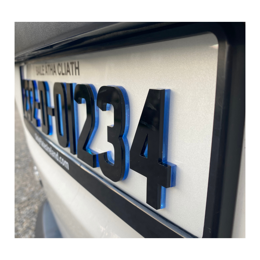 4D Neon Blue Irish Font Reg Plates (x2)