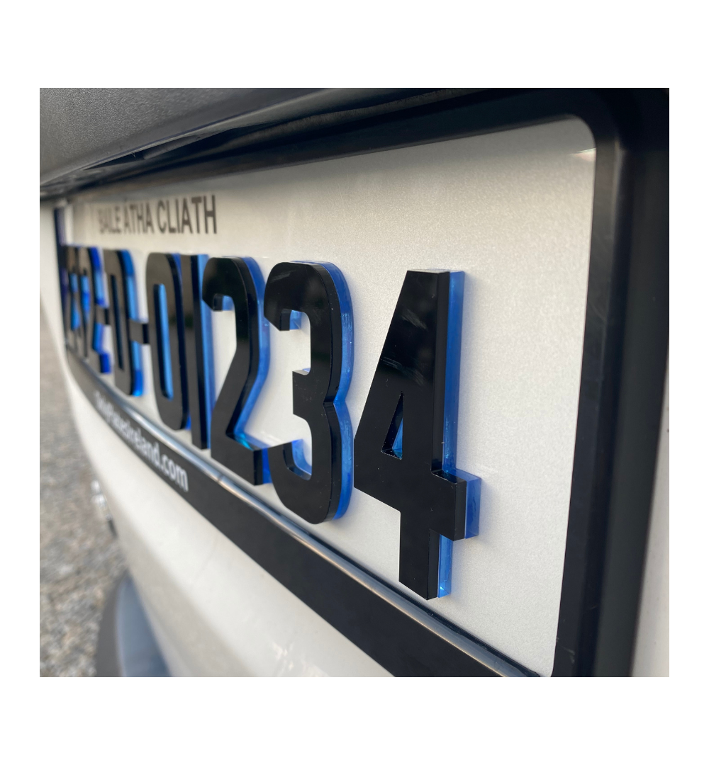 4D Neon Blue Irish Font Reg Plates (x2)