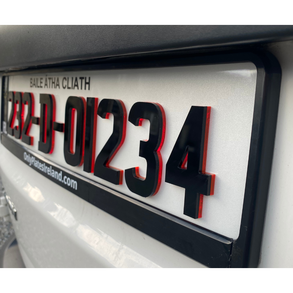 4D Neon Red Irish Font Reg Plates (x2)