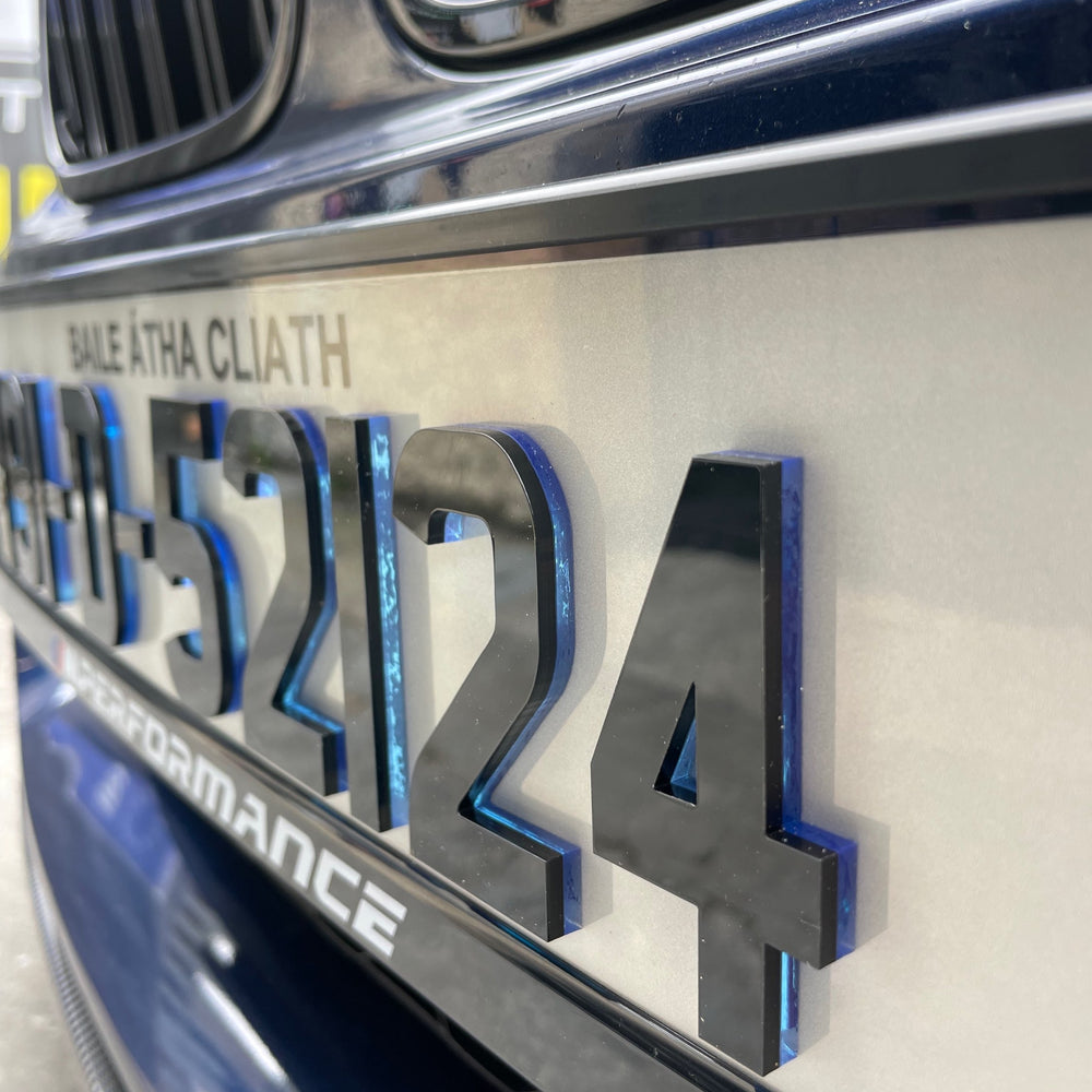 4D Neon Blue Irish Font Reg Plates (x2)