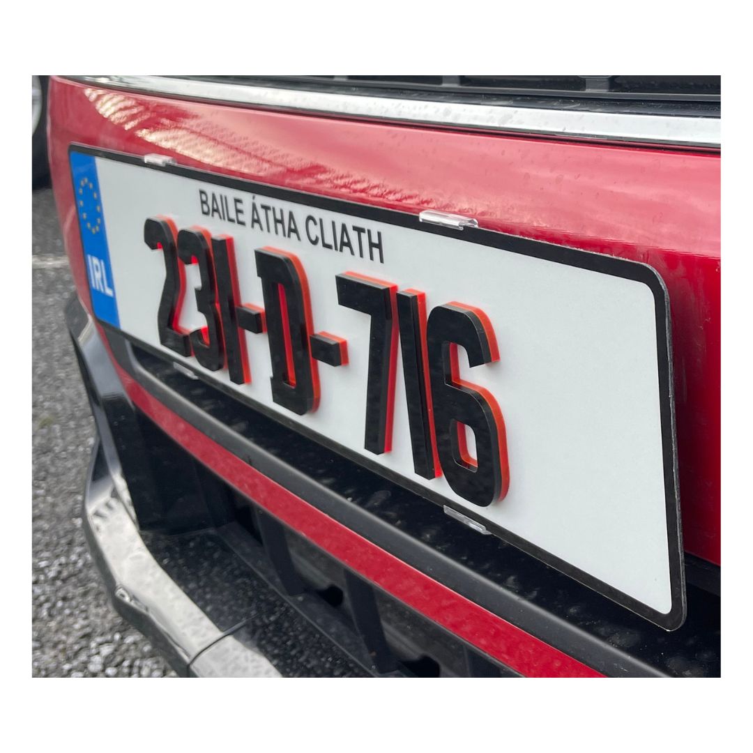 4D Neon Red Irish Font Reg Plates (x2)